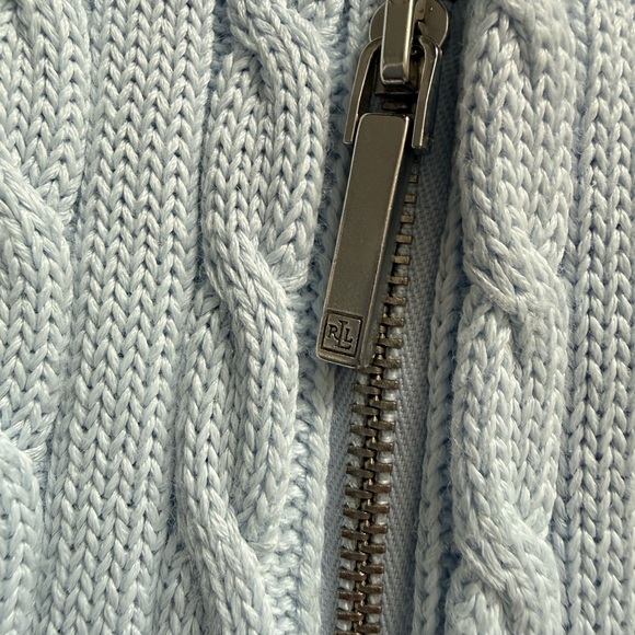 Ralph Lauren Sky Blue Cable Knit Cardigan with Silver logo and Zipper Details - Picture 3 of 8